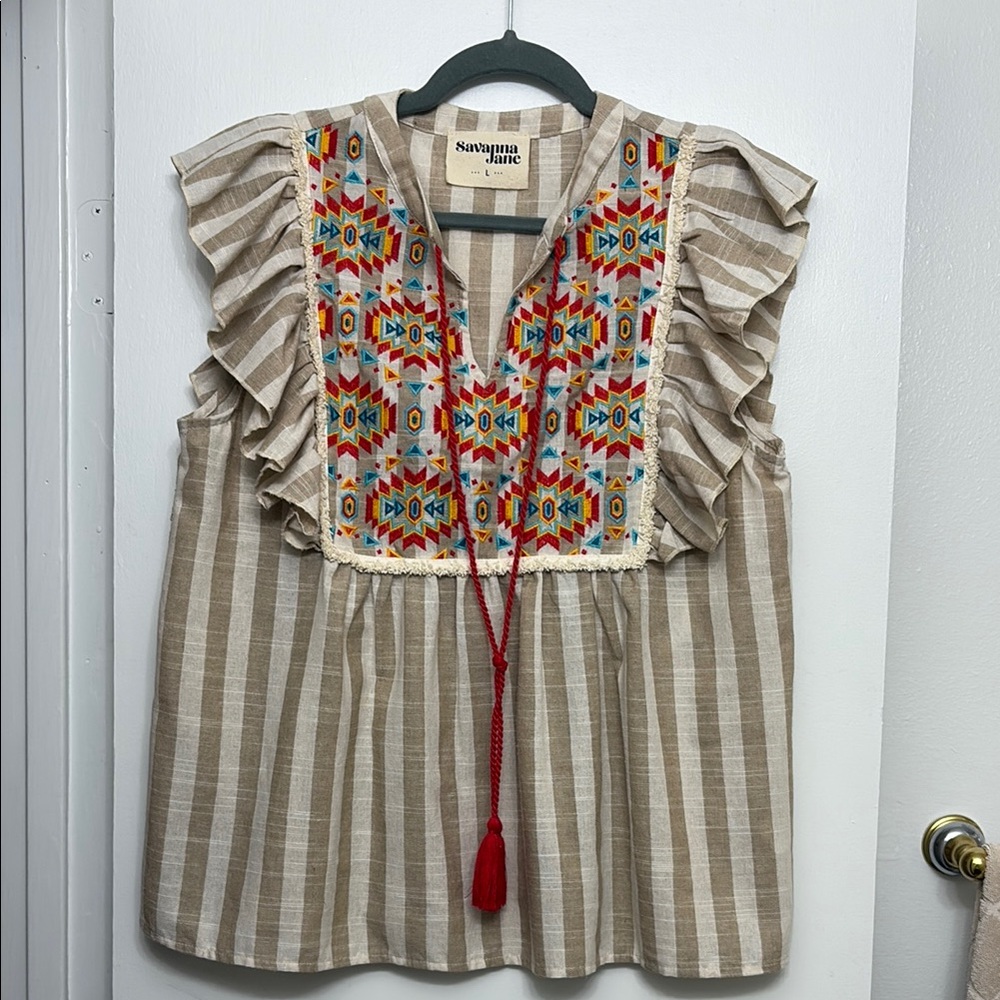 Savanna Jane Tan Flutter Sleeve Blouse with Ruffled Embellishments